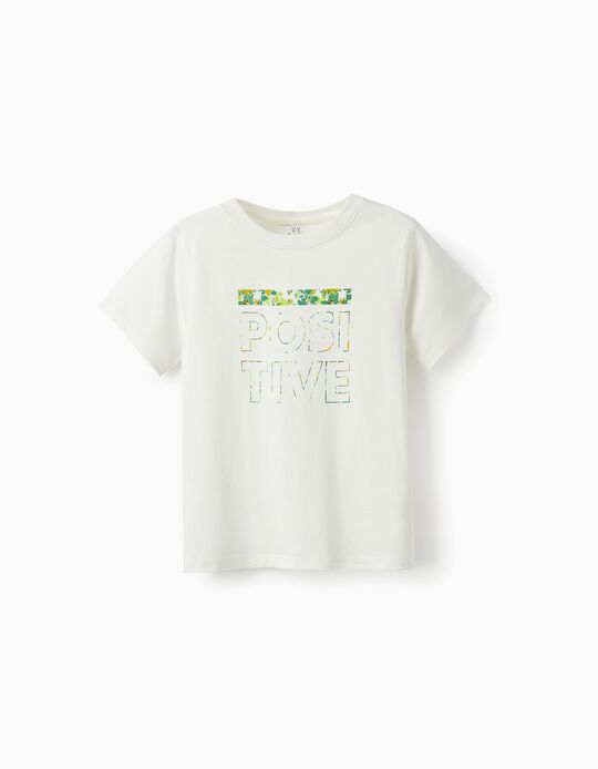 T-Shirt de Algodão para Menino 'Positive', Branco