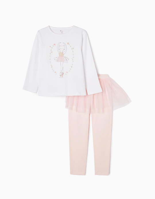 Pijama de Algodão com Tutu para Menina 'Bailarina', Branco/Rosa