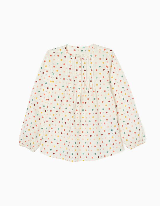 Long Sleeve Floral Cotton Blouse for Girls, White