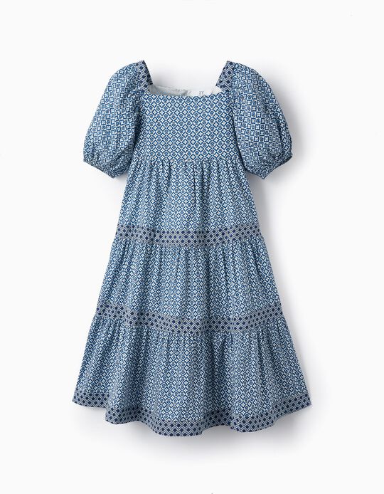 Dress with Pattern for Girls, Blue/White
