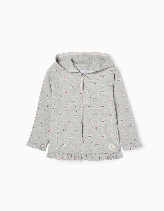 Cotton Hooded Jacket with Floral Motif  for Girls, Grey