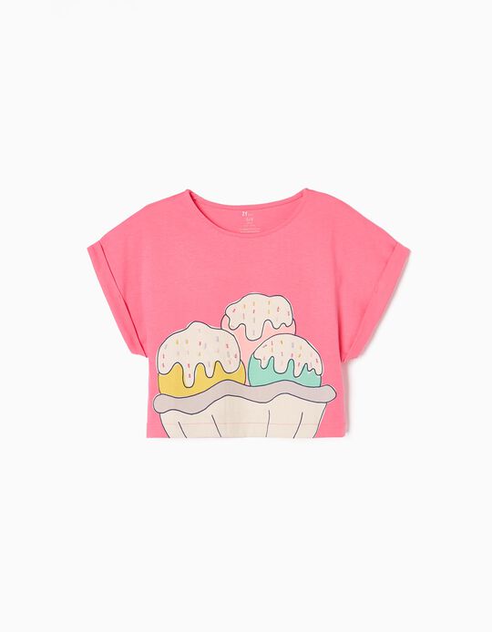 Cotton Cropped T-shirt for Girls 'Ice Creams', Pink