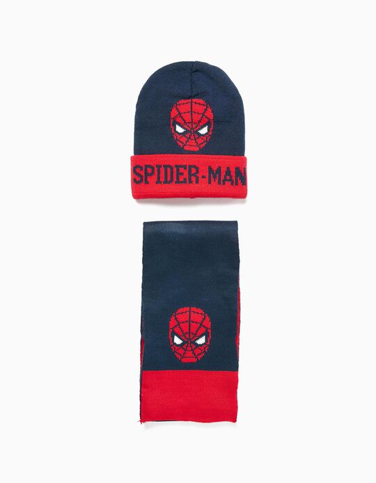 Gorro + Bufanda de Punto 'Spiderman' para niño, Rojo/Azul Oscuro