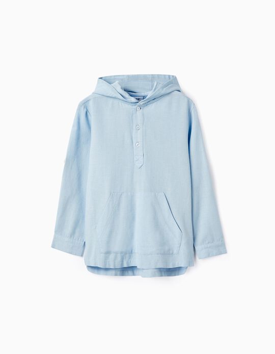 Shirt in Linen Blend with Hood for Boys, Blue