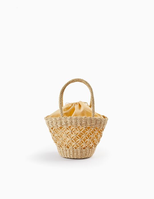 Straw Bag with Fabric Interior Bag for Girls, Beige