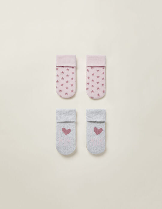2 Paires de Chaussettes Epaisses Bébé Fille 'I Love Mum', Rose/Gris