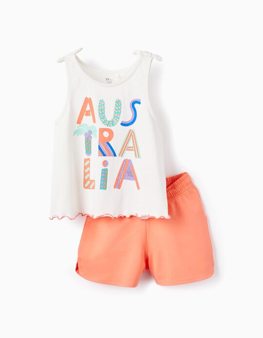 Top + Cotton Shorts for Girls 'Australia', White/Coral
