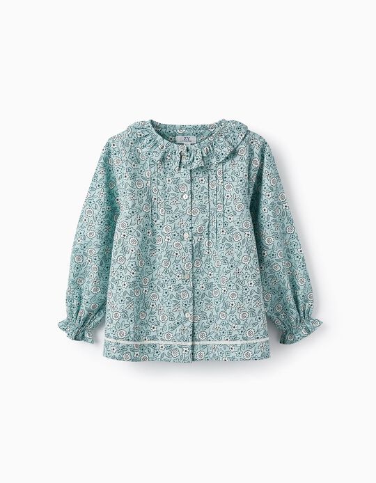 Floral Cotton Shirt with Ruffles for Girls, Aqua Green