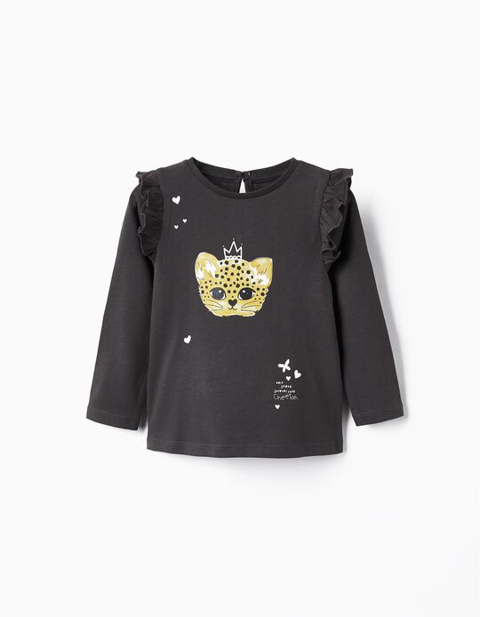T-Shirt Com Folhos para Menina 'Cheetah', Cinza-Escuro
