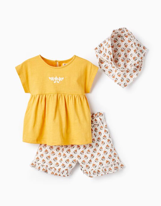 T-shirt + Calções + Lenço de Cabelo para Bebé Menina, Branco/Amarelo