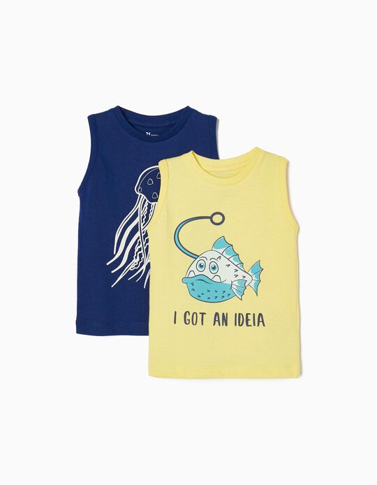 Pack 2 Camisetas Sin Mangas para Bebé Niño 'Peces', Amarillo/Azul Oscuro