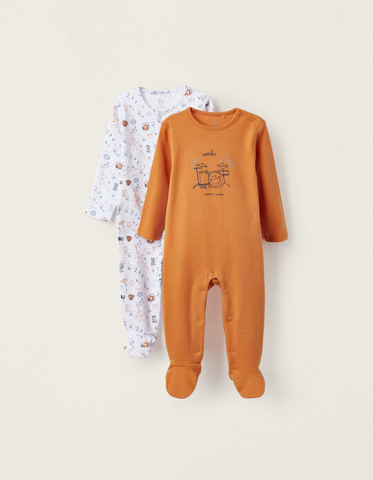 Pack of 2 Cotton Babygrows for Baby Boys 'Music', Orange/White