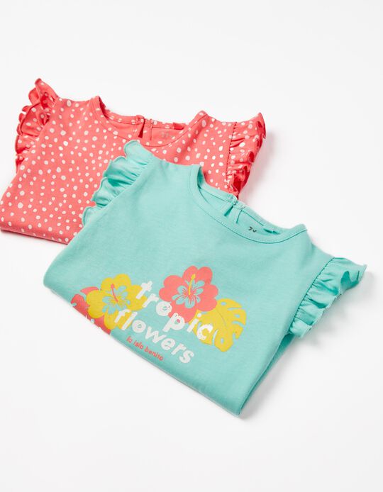 Pack 2 Camisetas Sin Mangas de Algodón para Bebé Niña 'Tropical', Coral/Verde Agua
