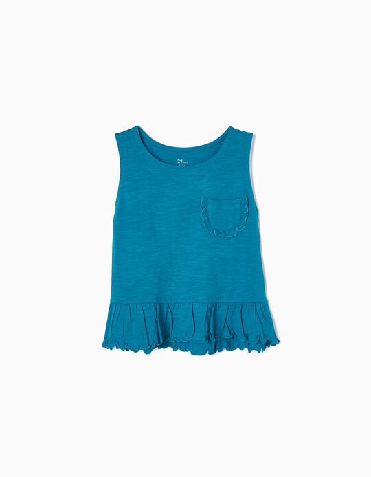 Comprar Online T-shirt de Manga Cava em Algodão com Folhos para Menina, Azul Turquesa