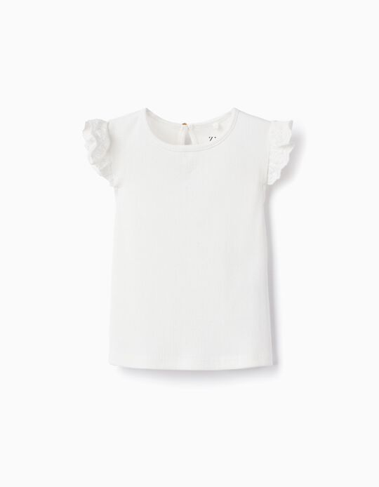 T-shirt Canelada com Folhos para Bebé Menina, Branco
