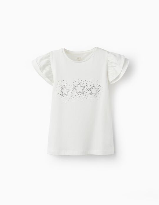 T-Shirt em Jersey de Algodão com Folhos e Brilhantes para Menina, Branco