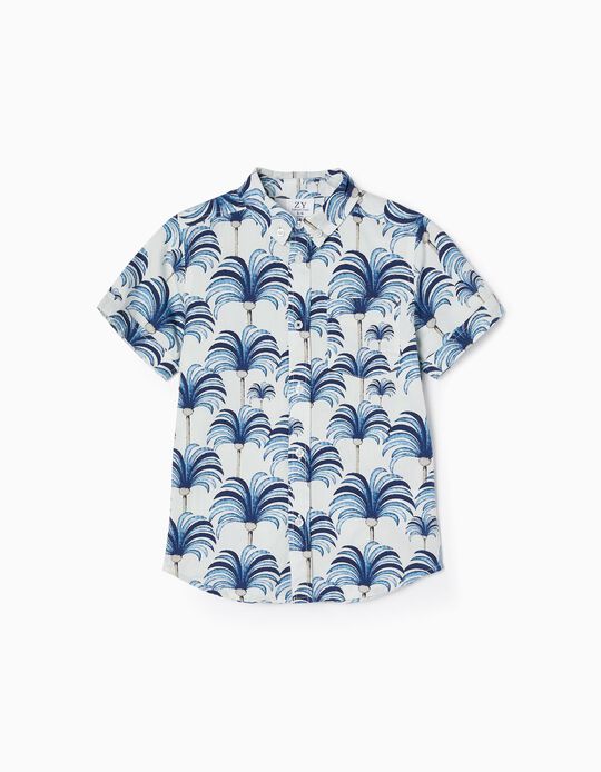 Camisa de Manga Corta de Algodón para Niño, Blanco/Azul