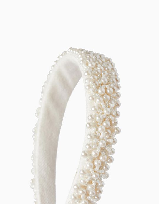 Headband with Beads in Pearl Style for Girls, White