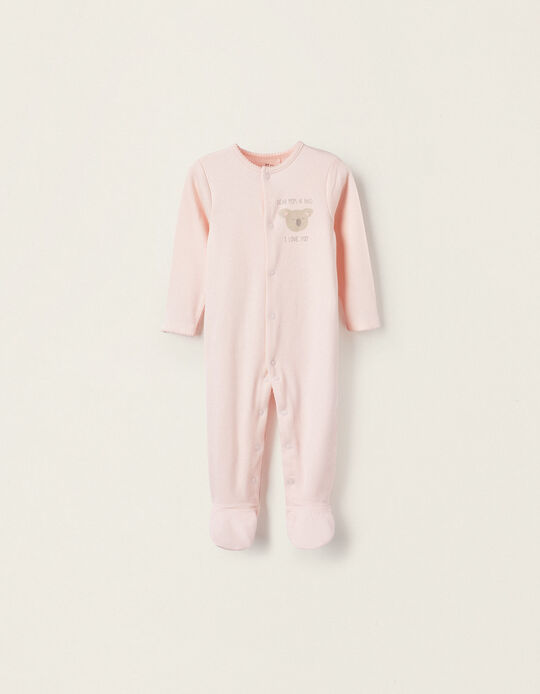 Cotton Babygrow with Feet for Baby Girls 'Dear Mom & Dad', Pink