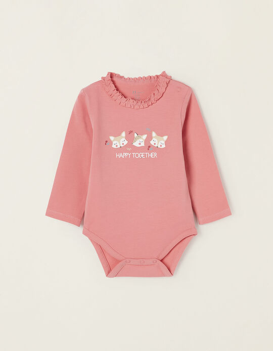 Cotton Bodysuit for Newborn Baby Girls 'Happy', Pink