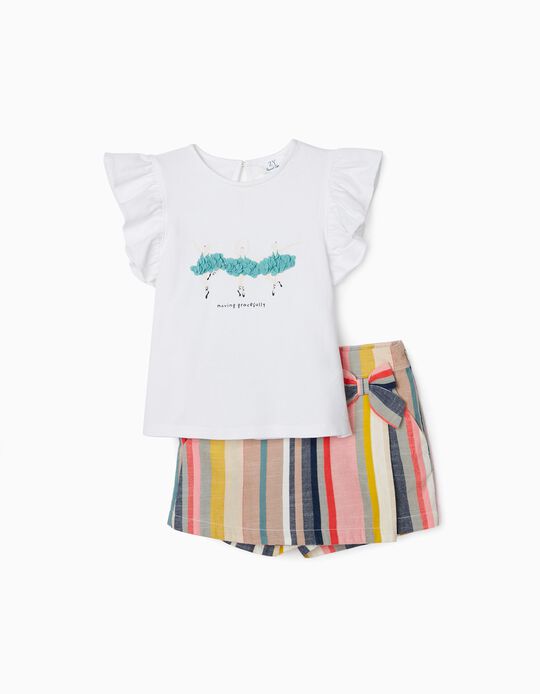 T-Shirt + Skort for Girls, White/Multicoloured