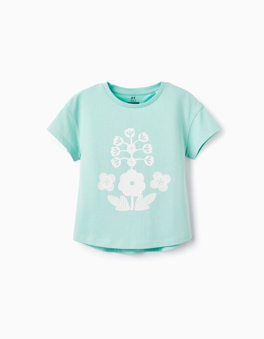 T-shirt de Algodão para Menina 'Flores', Verde Água