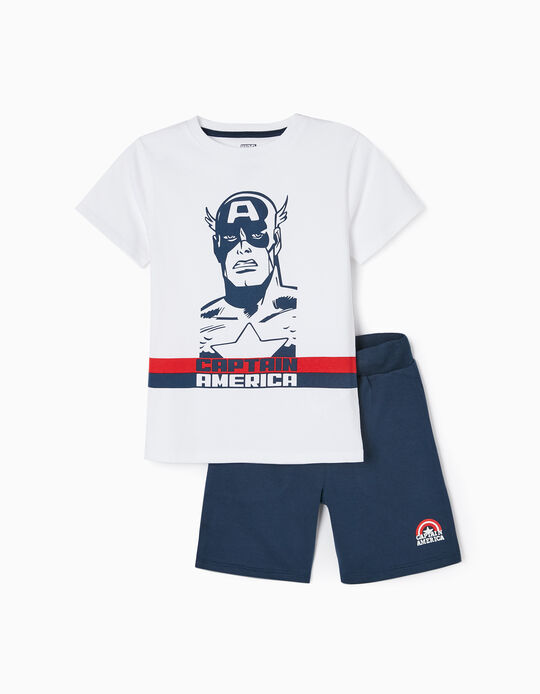Conjunto T-shirt + Calções de Algodão para Menino 'Captain America', Branco/Azul Escuro