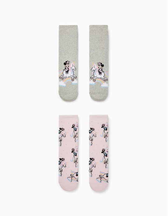 2 Non-slip Socks for Girls 'Minnie & Unicorns', Pink/Grey