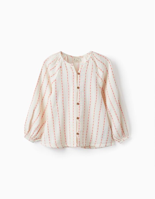 Cotton Shirt for Girls, White/Salmon