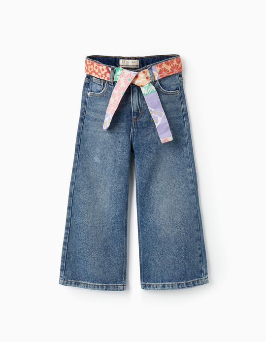 Cotton Denim Trousers with Ribbon for Girls 'Wide Leg', Blue