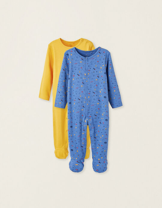Pack of 2 Cotton Babygrows for Baby Boys 'Space', Yellow/Blue