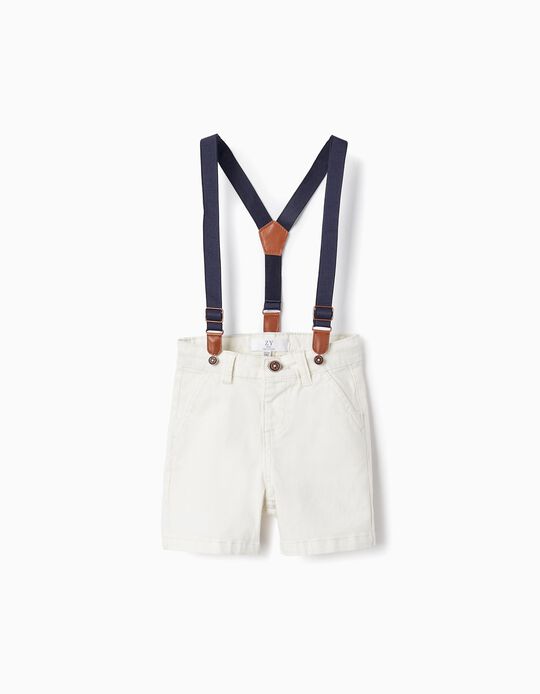 Twill Shorts with Suspenders for Baby Boys, White