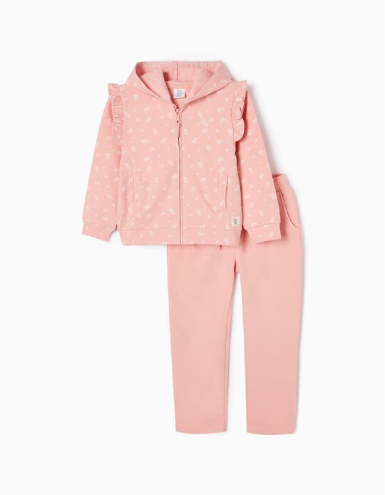 Cotton Tracksuit with Floral Motif for Girls, Pink