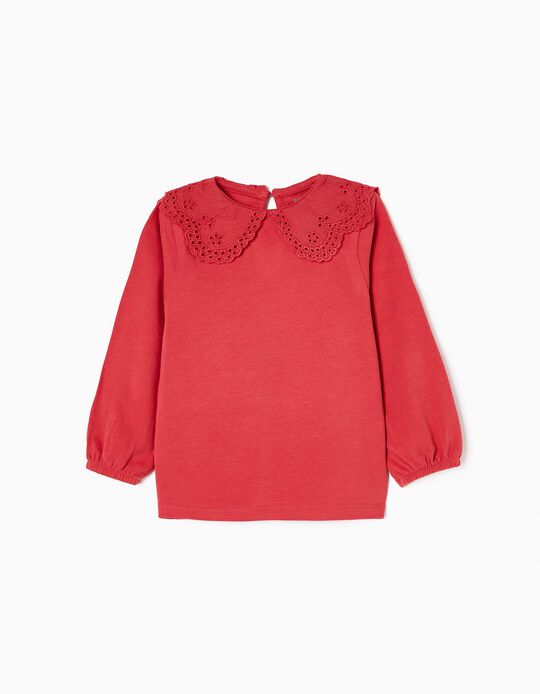 T-shirt with Broderie Anglaise for Baby Girls, Red