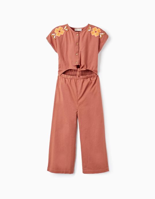 Jumpsuit in Cotton and Linen with Beads for Girls, Brown