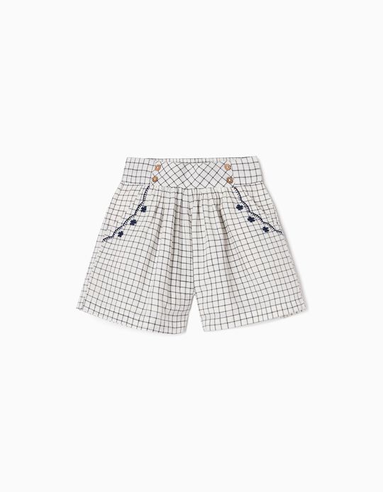 Checkered Cotton Shorts with Embroidery for Girls, White/Dark Blue