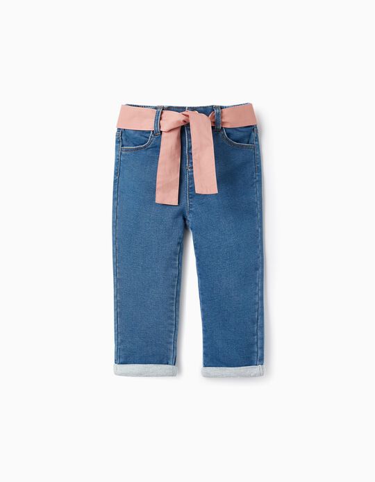 Cotton Denim Trousers with Ribbon for Baby Girls, Blue