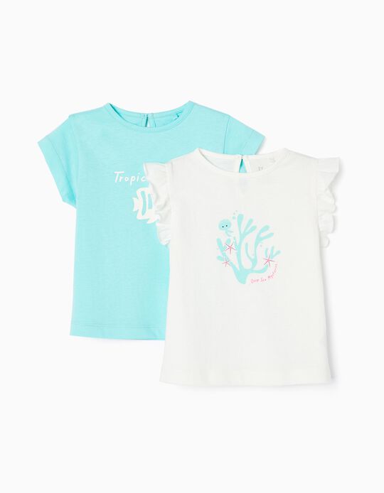 Pack 2 T-shirts for Baby Girls 'Sea Creatures', White/Aqua Green