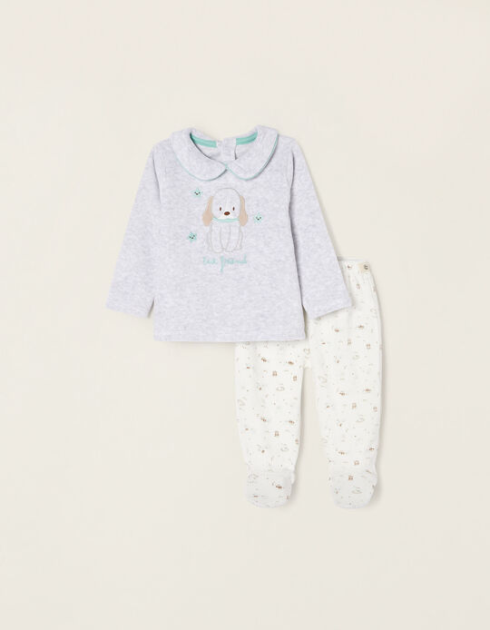 Velour Pyjamas for Newborn Baby Boys 'Puppy', Grey/White/Aqua Green