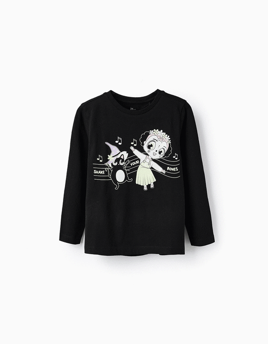 T-Shirt de Manga Comprida para Menina 'Halloween - Brilha no Escuro', Preto