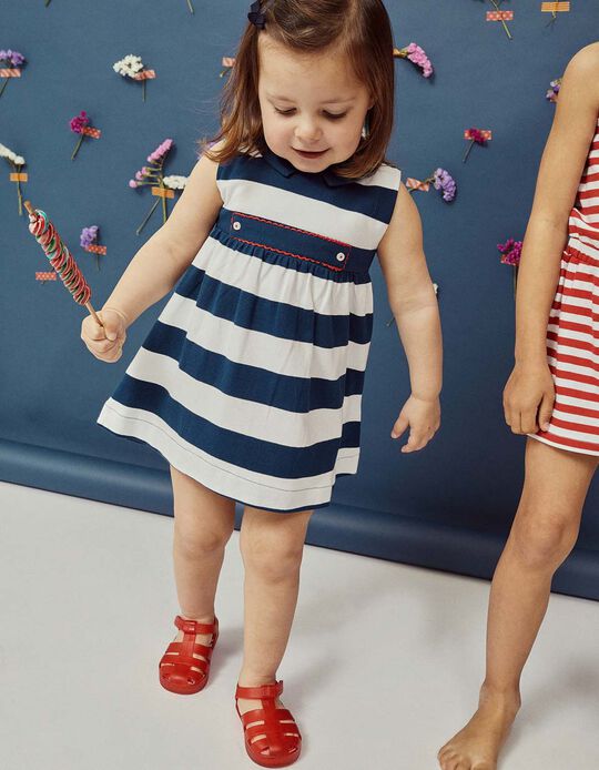 Striped Dress for Baby Girls, Dark Blue/White