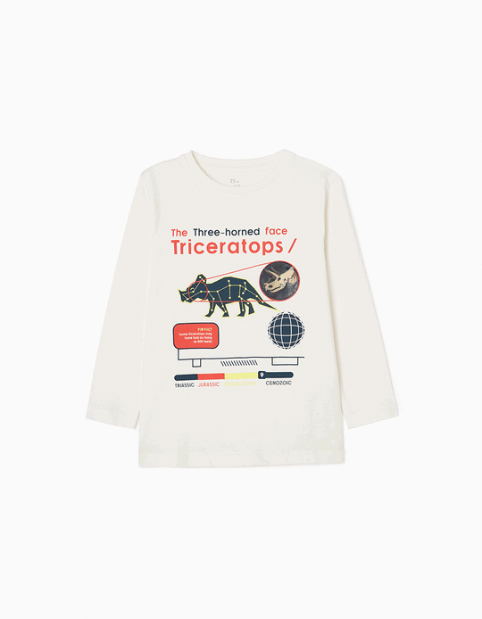 Long Sleeve Cotton T-shirt for Boys 'Dinosaur', White