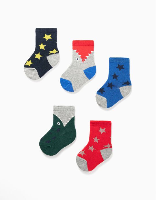 5 Pairs of Socks for Baby Boys 'Dino, Shark & Stars', Multicoloured