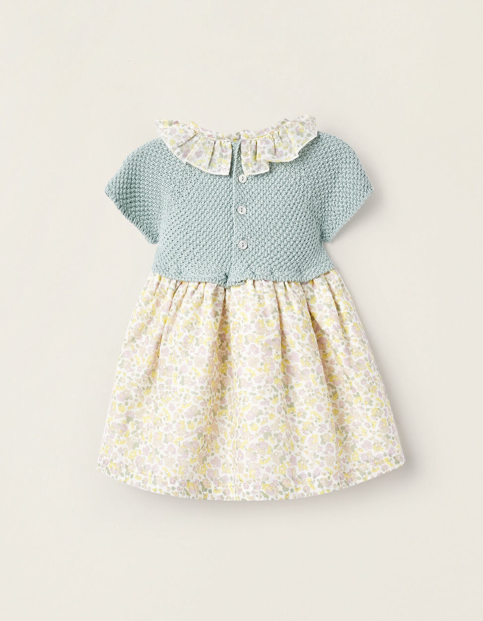 Buy Online Floral Dual Fabric Dress for Newborn Girls, Beige/Aqua Green