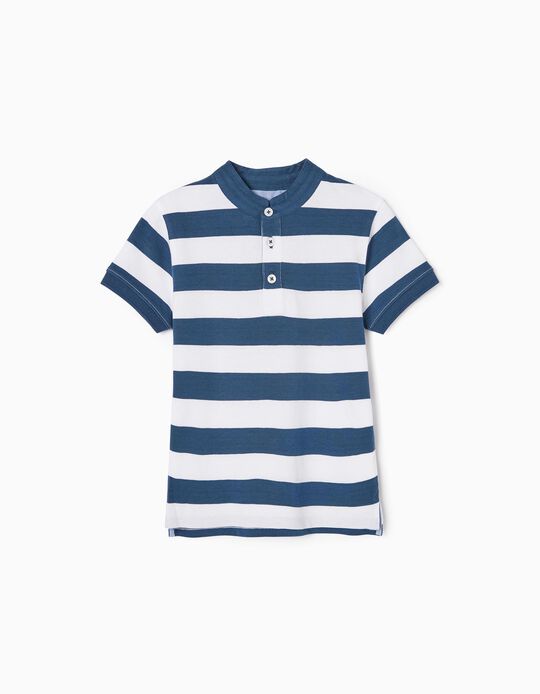 Striped Polo Shirt for Boys, White/Dark Blue
