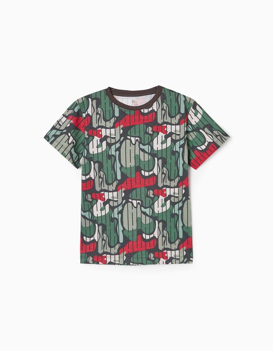 T-shirt de Algodão com Padrão para Menino, Verde/Vermelho