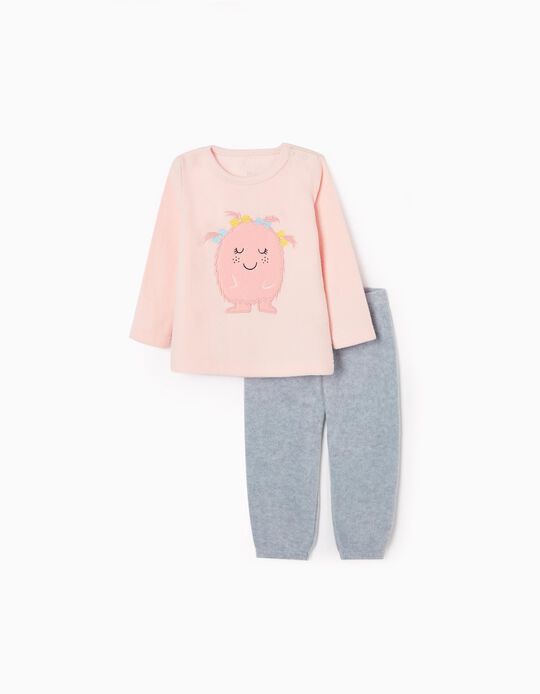 Pyjama Polaire Bébé Fille 'Monstre', Rose/Gris