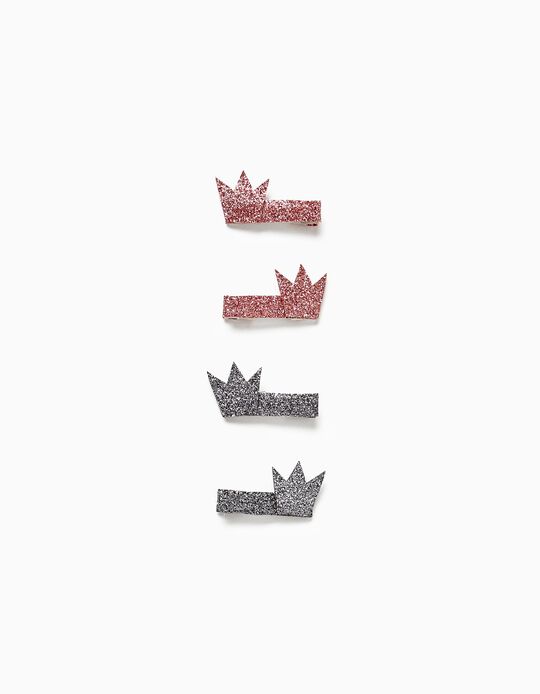 4-Pack Hair Clips for Babies and Girls 'Crown', Pink/Silver