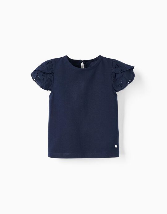 Camiseta de Manga Corta con Bordado Inglés para Bebé Niña, Azul Oscuro