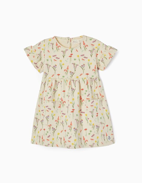 Cotton Floral Dress for Baby Girls, Beige
